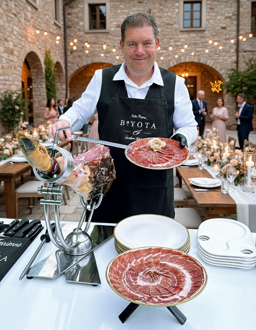 Maître coupeur découpant du jambon ibérique au couteau lors d’un mariage