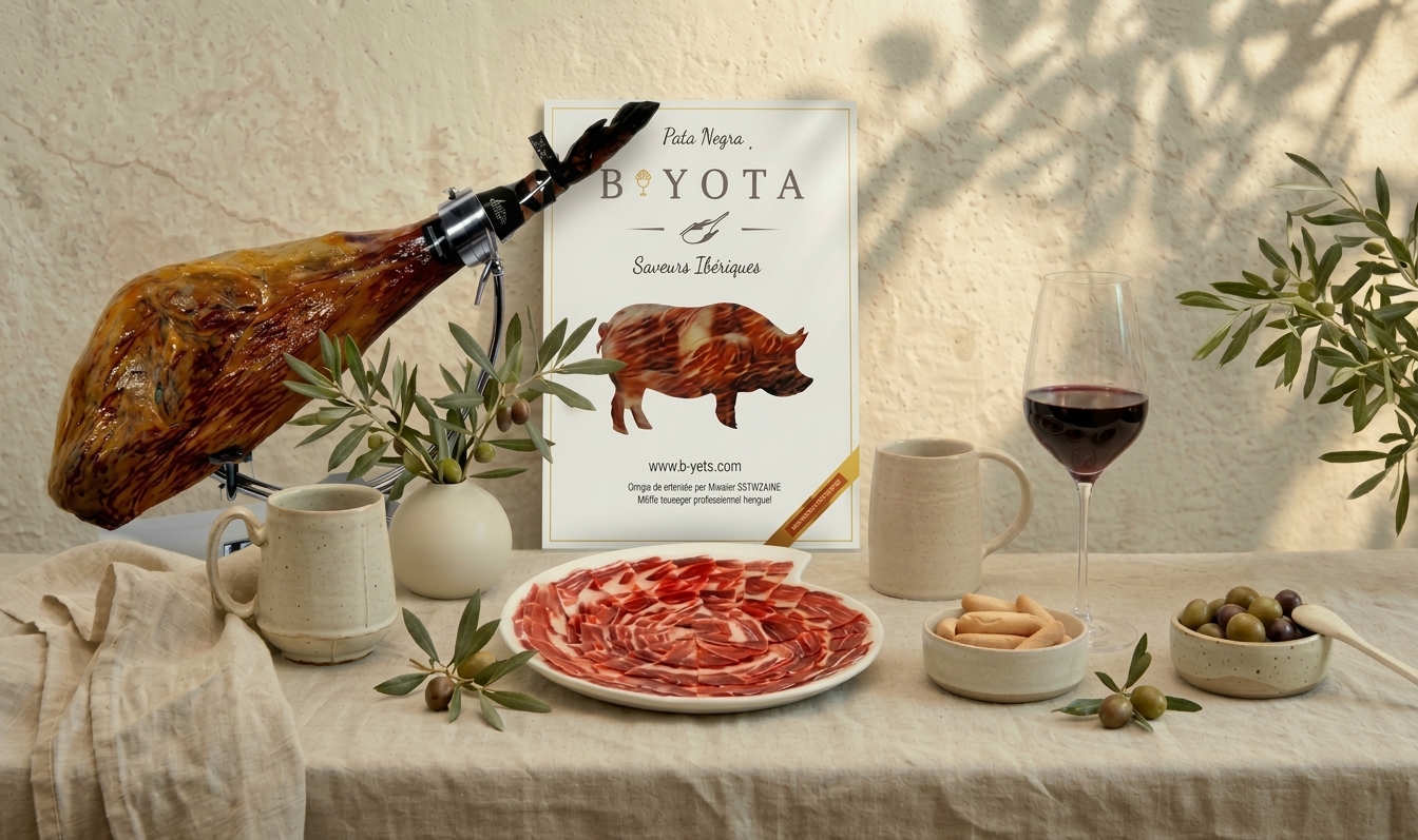 Assiette de jambon ibérique Pata Negra coupé au couteau, accompagnée de picos, olives et d'un verre de vin rouge sur une table élégante.